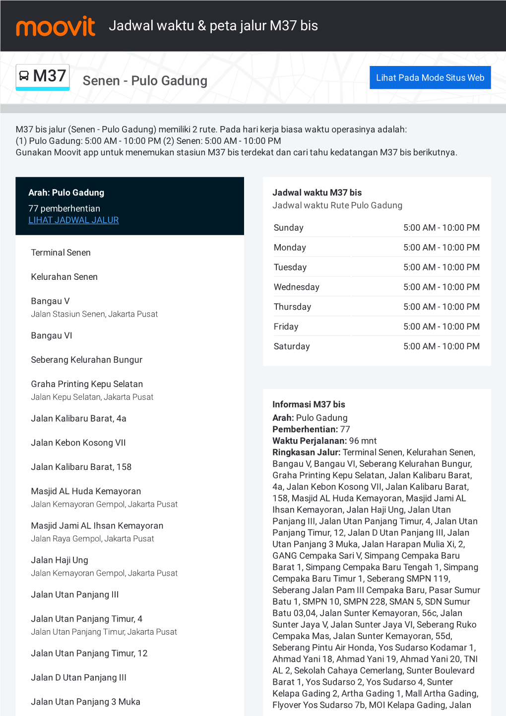 Jadwal Waktu & Peta Jrute Alur M37