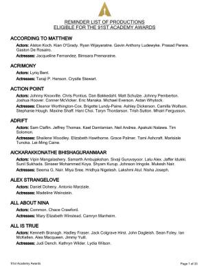 Reminder List of Productions Eligible for the 91St Academy Awards