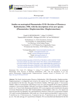 Studies on Neotropical Phasmatodea