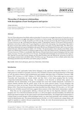 Throscidae (Coleoptera) Relationships, with Descriptions of New Fossil Genera and Species