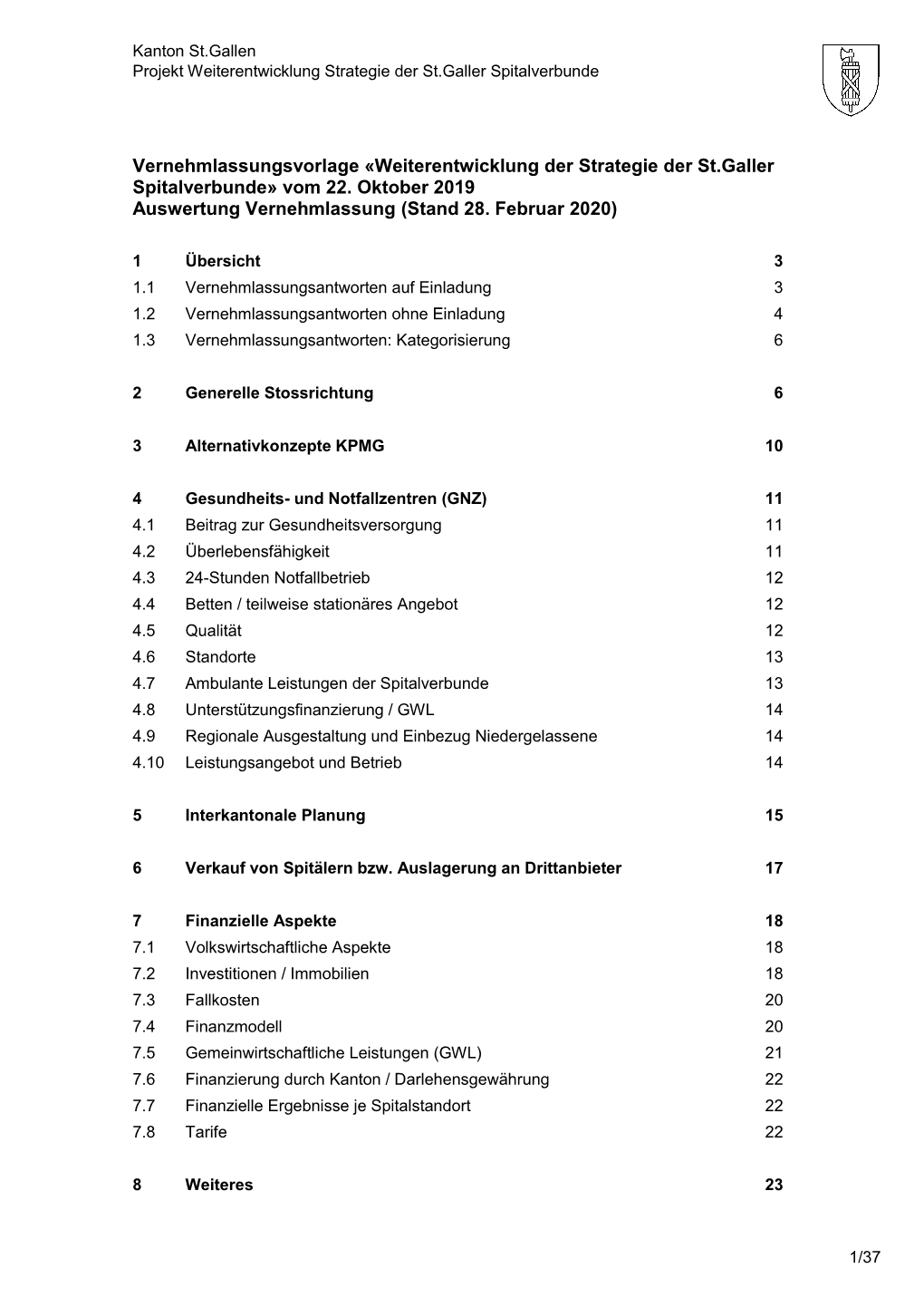 Weiterentwicklung Der Strategie Der St.Galler Spitalverbunde» Vom 22