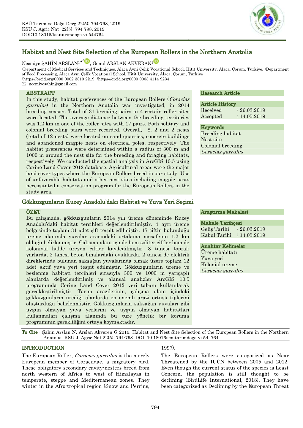 Habitat and Nest Site Selection of the European Rollers in the Northern Anatolia