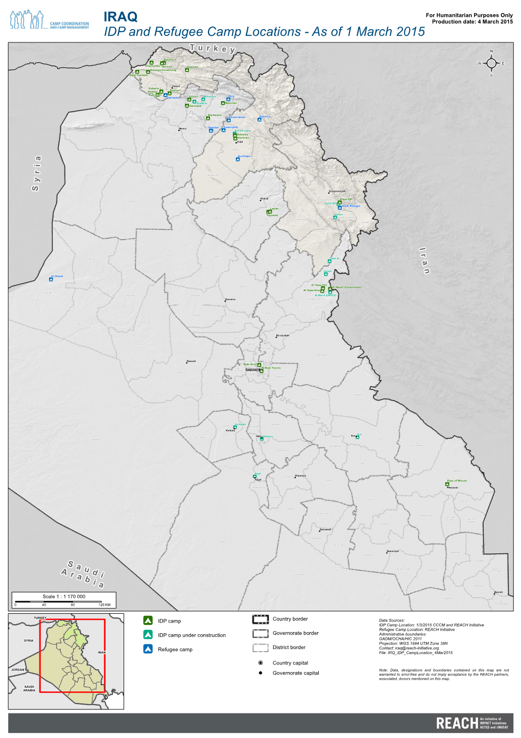 IDP and Refugee Camp Locations - As of 1 March 2015 T U R K E Y