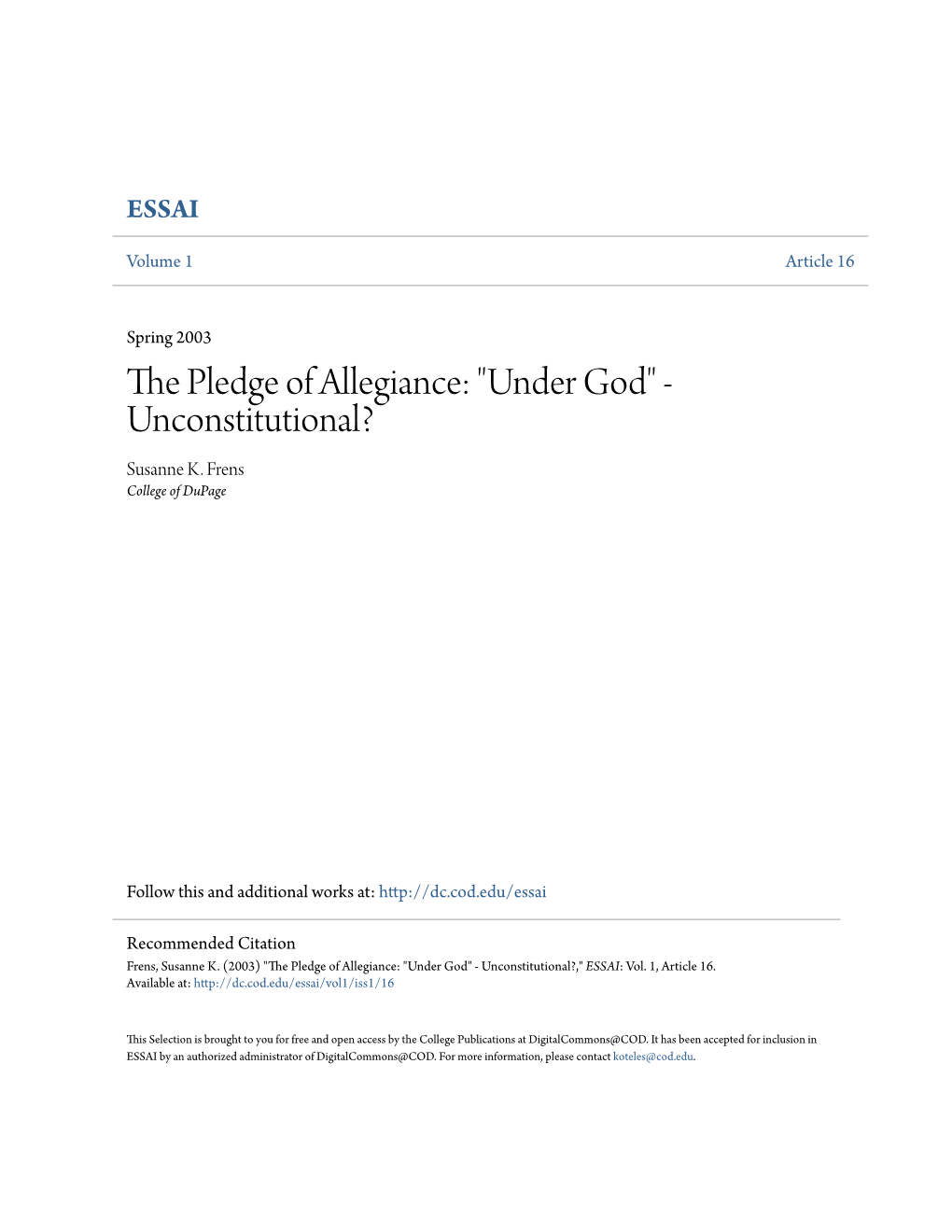 The Pledge of Allegiance: "Under God"