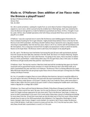 Does Addition of Joe Flacco Make the Broncos a Playoff Team? by Ryan O’Halloran & Mark Kiszla Denver Post Feb