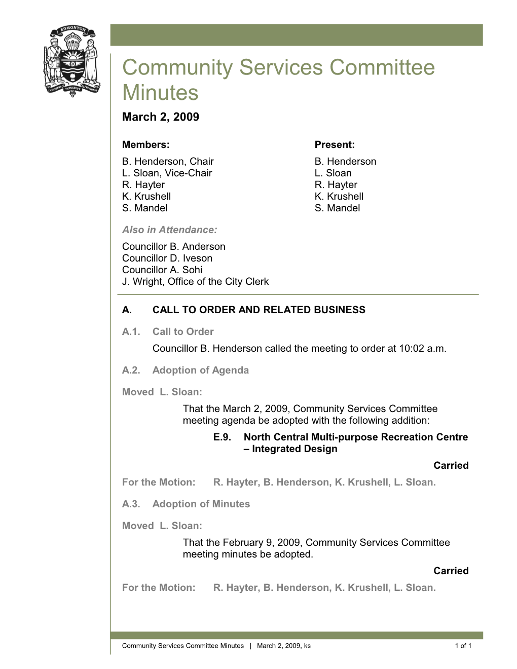 Minutes for Community Services Committee March 2, 2009 Meeting