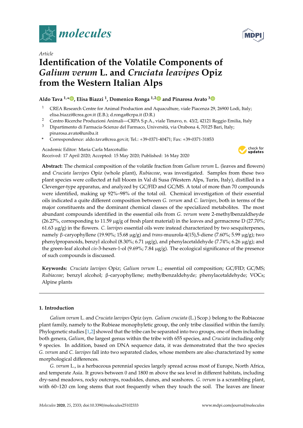 Identification of the Volatile Components of Galium Verum L