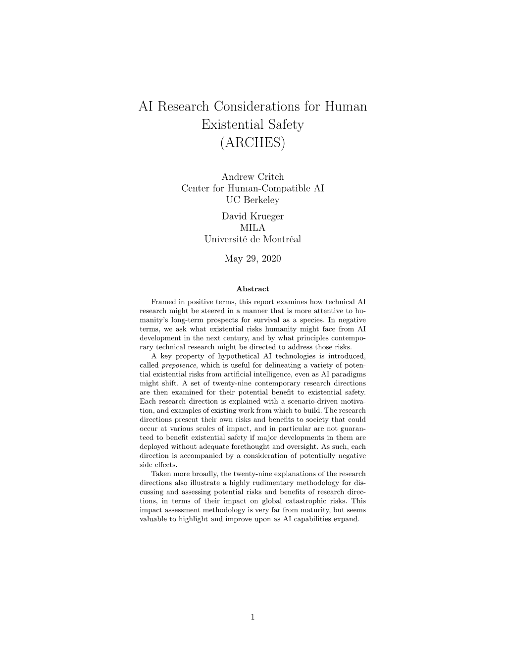 AI Research Considerations for Human Existential Safety (ARCHES)