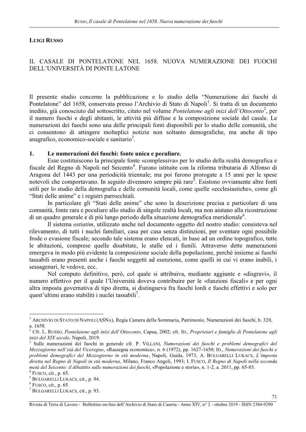 Il Casale Di Pontelatone Nel 1658. Nuova Numerazione Dei Fuochi Dell’Università Di Ponte Latone