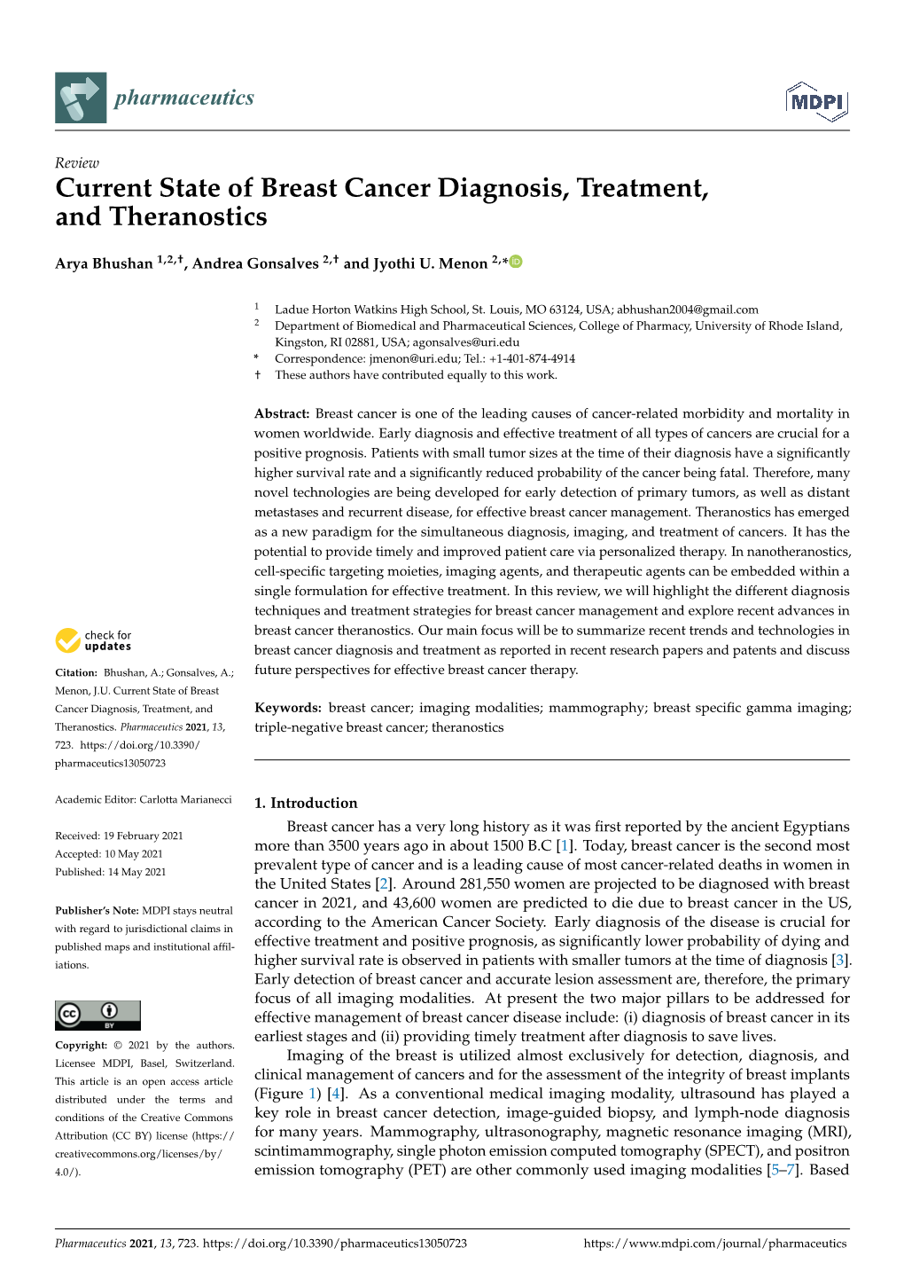 Current State of Breast Cancer Diagnosis, Treatment, and Theranostics