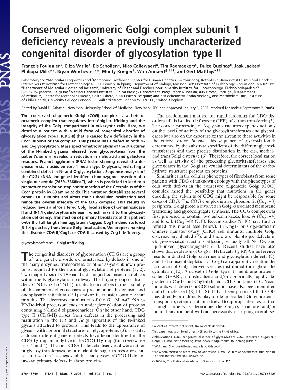 Conserved Oligomeric Golgi Complex Subunit 1 Deficiency Reveals a Previously Uncharacterized Congenital Disorder of Glycosylation Type II