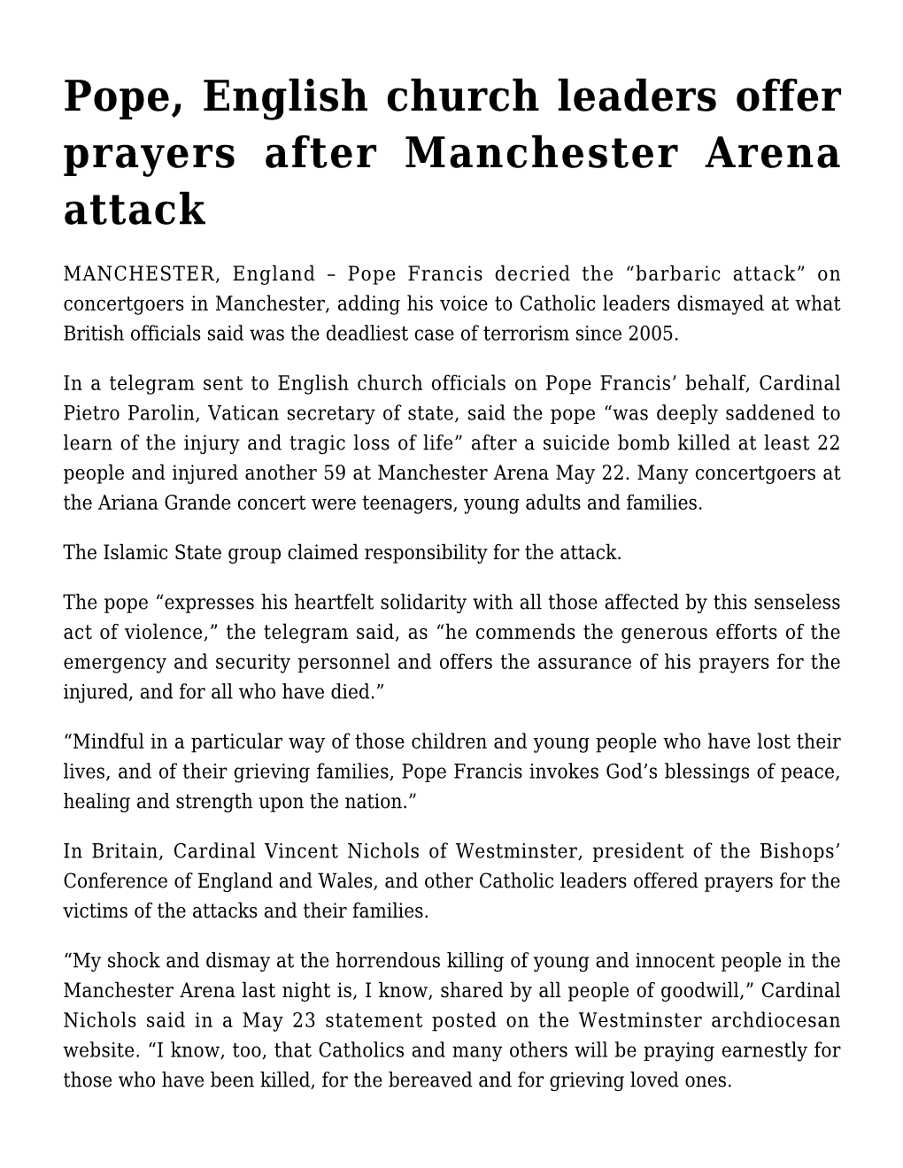 Pope, English Church Leaders Offer Prayers After Manchester Arena Attack