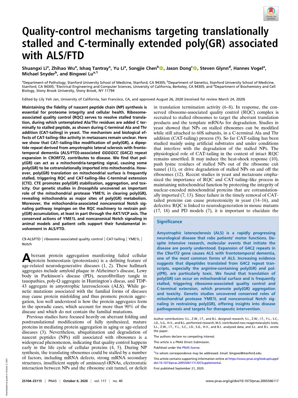 Quality-Control Mechanisms Targeting Translationally Stalled and C-Terminally Extended Poly(GR) Associated with ALS/FTD