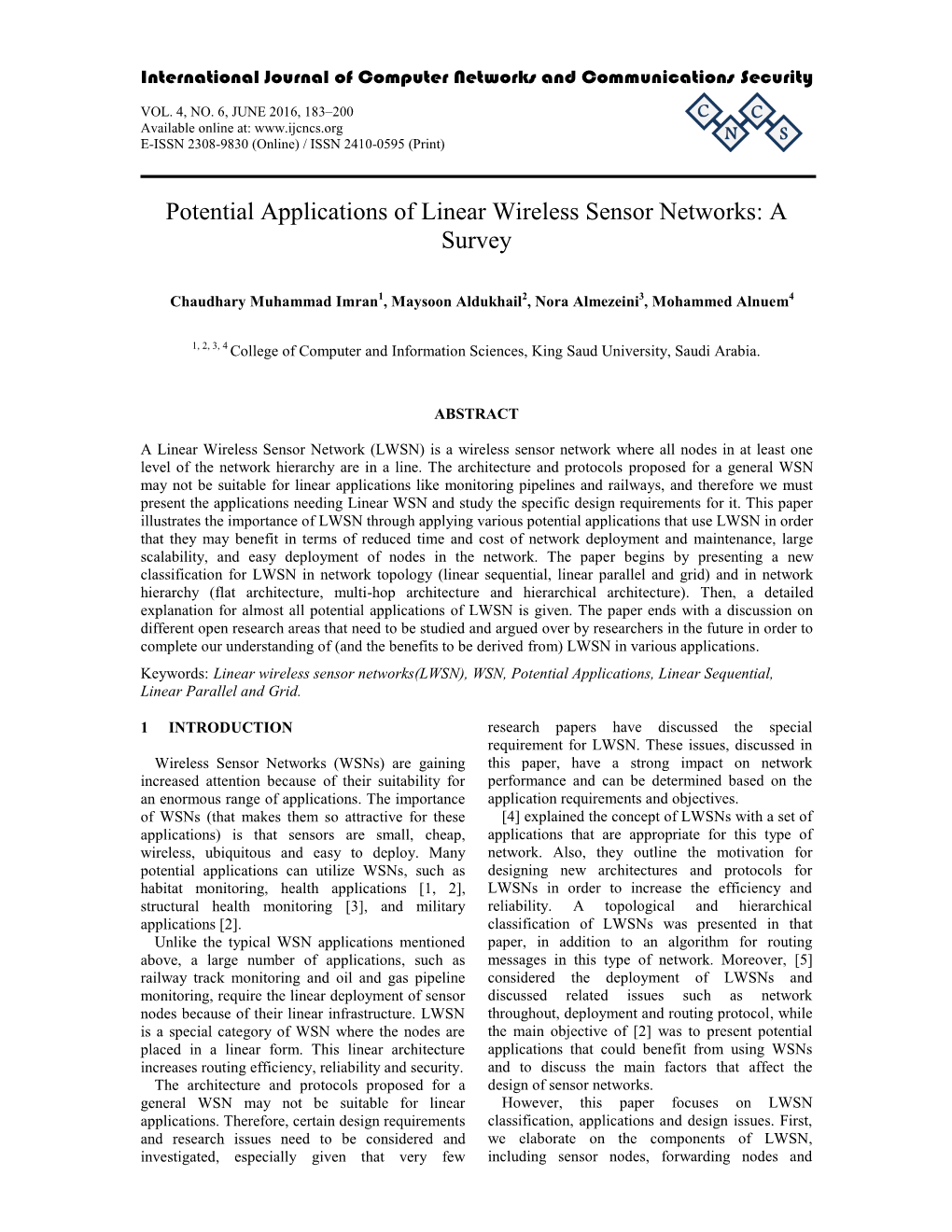 Potential Applications of Linear Wireless Sensor Networks: a Survey