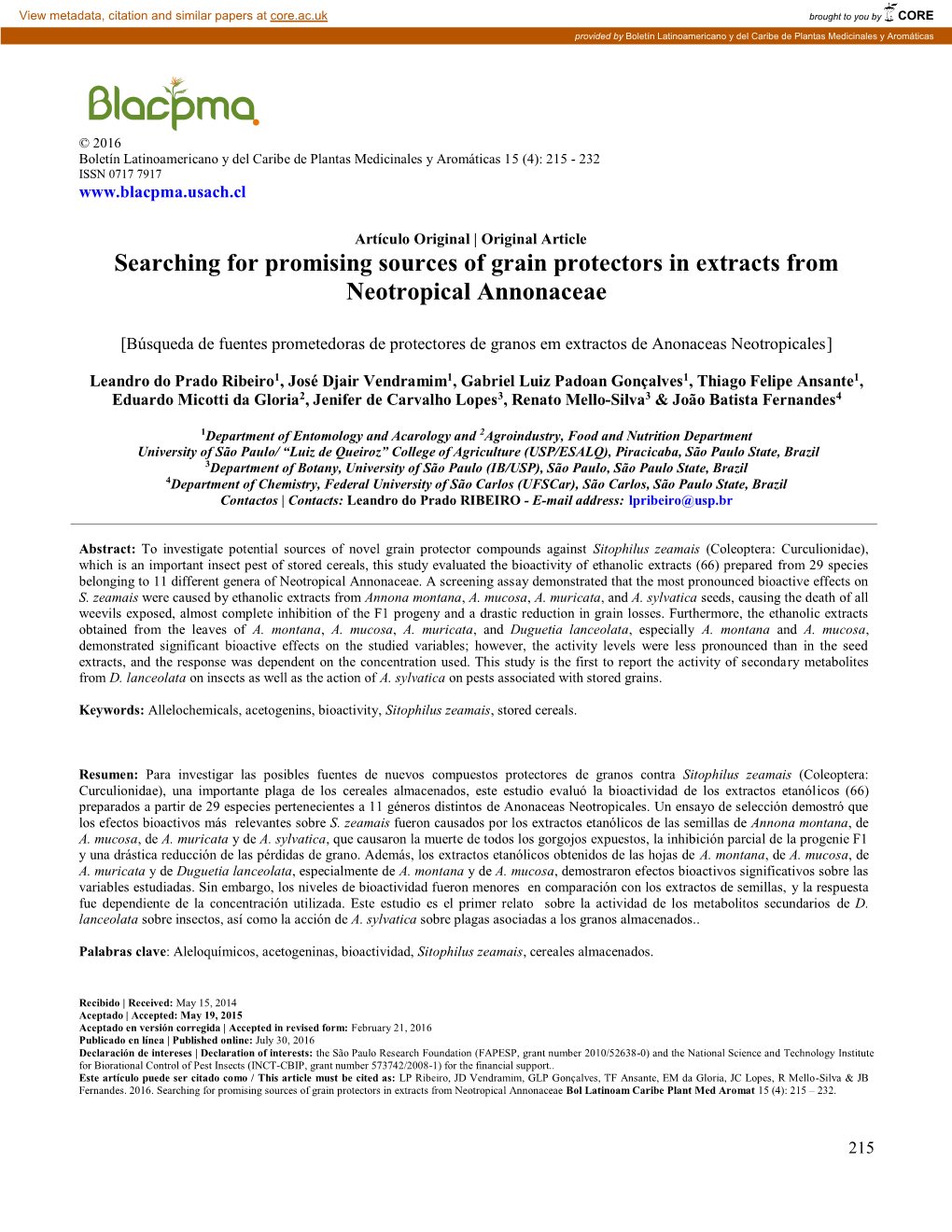 Searching for Promising Sources of Grain Protectors in Extracts from Neotropical Annonaceae