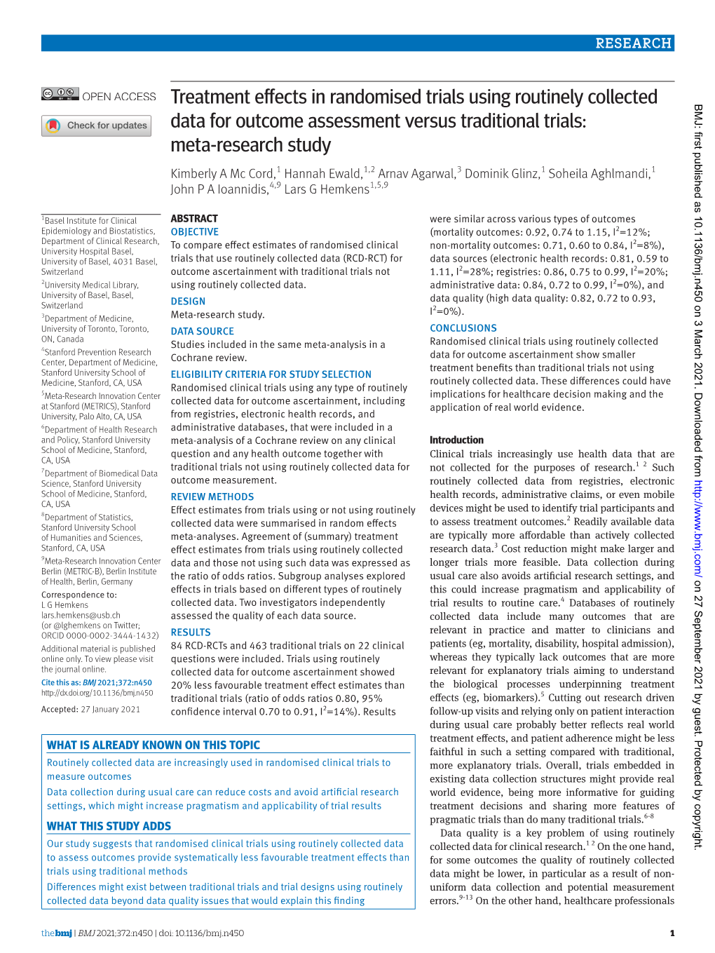 Treatment Effects in Randomised Trials Using Routinely Collected BMJ: First Published As 10.1136/Bmj.N450 on 3 March 2021