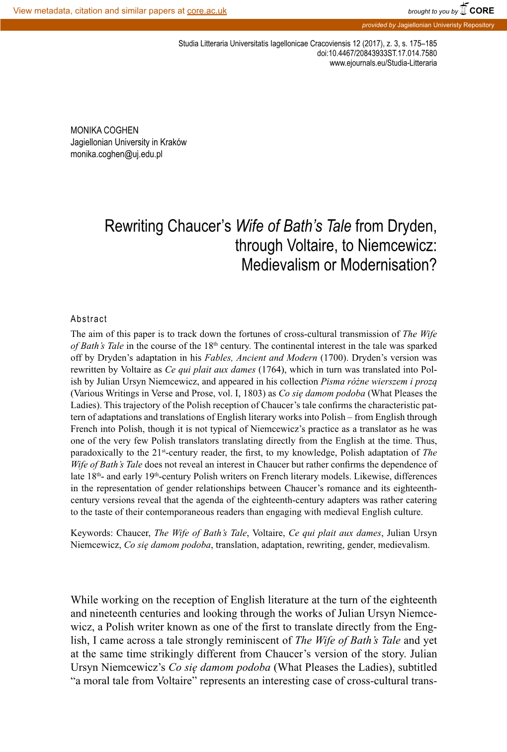 Rewriting Chaucer's Wife of Bath's Tale from Dryden, Through Voltaire