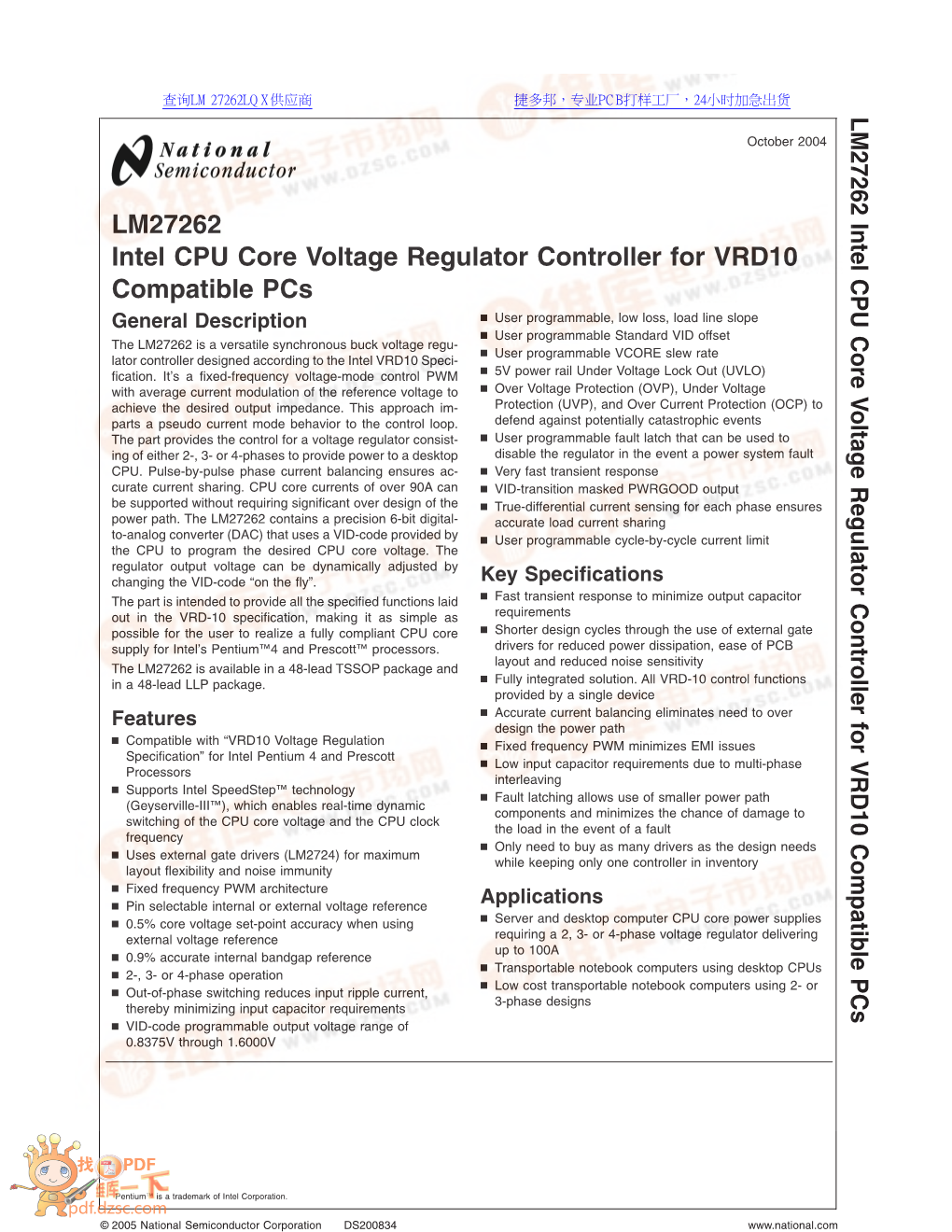 LM27262 Intel CPU Core Voltage Regulator Controller for VRD10