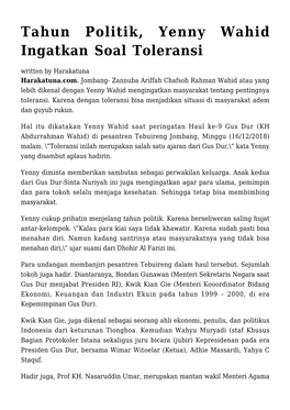 Tahun Politik, Yenny Wahid Ingatkan Soal Toleransi Written by Harakatuna Harakatuna.Com