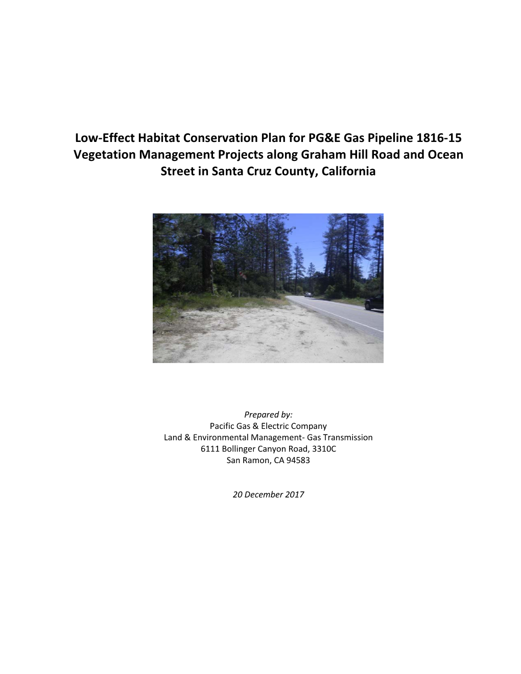 Low-Effect Habitat Conservation Plan for PG&E Gas Pipeline 1816-15