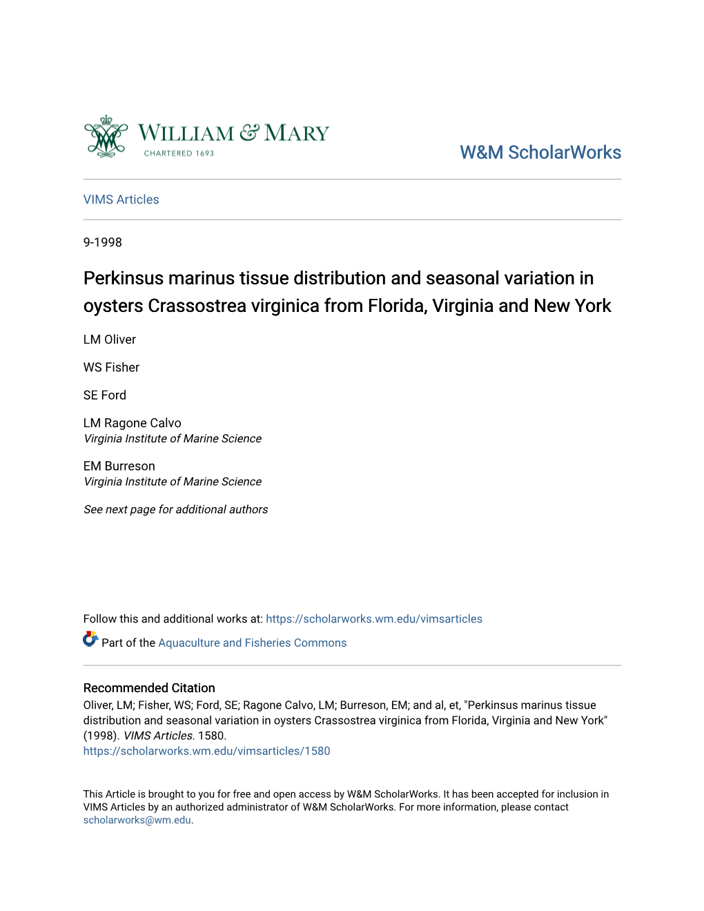 Perkinsus Marinus Tissue Distribution and Seasonal Variation in Oysters Crassostrea Virginica from Florida, Virginia and New York