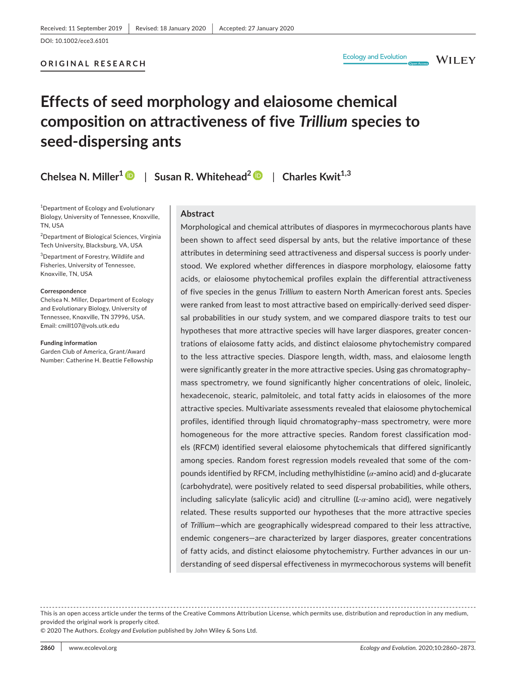 Effects of Seed Morphology and Elaiosome Chemical Composition on Attractiveness of Five Trillium Species to Seed-Dispersing Ants