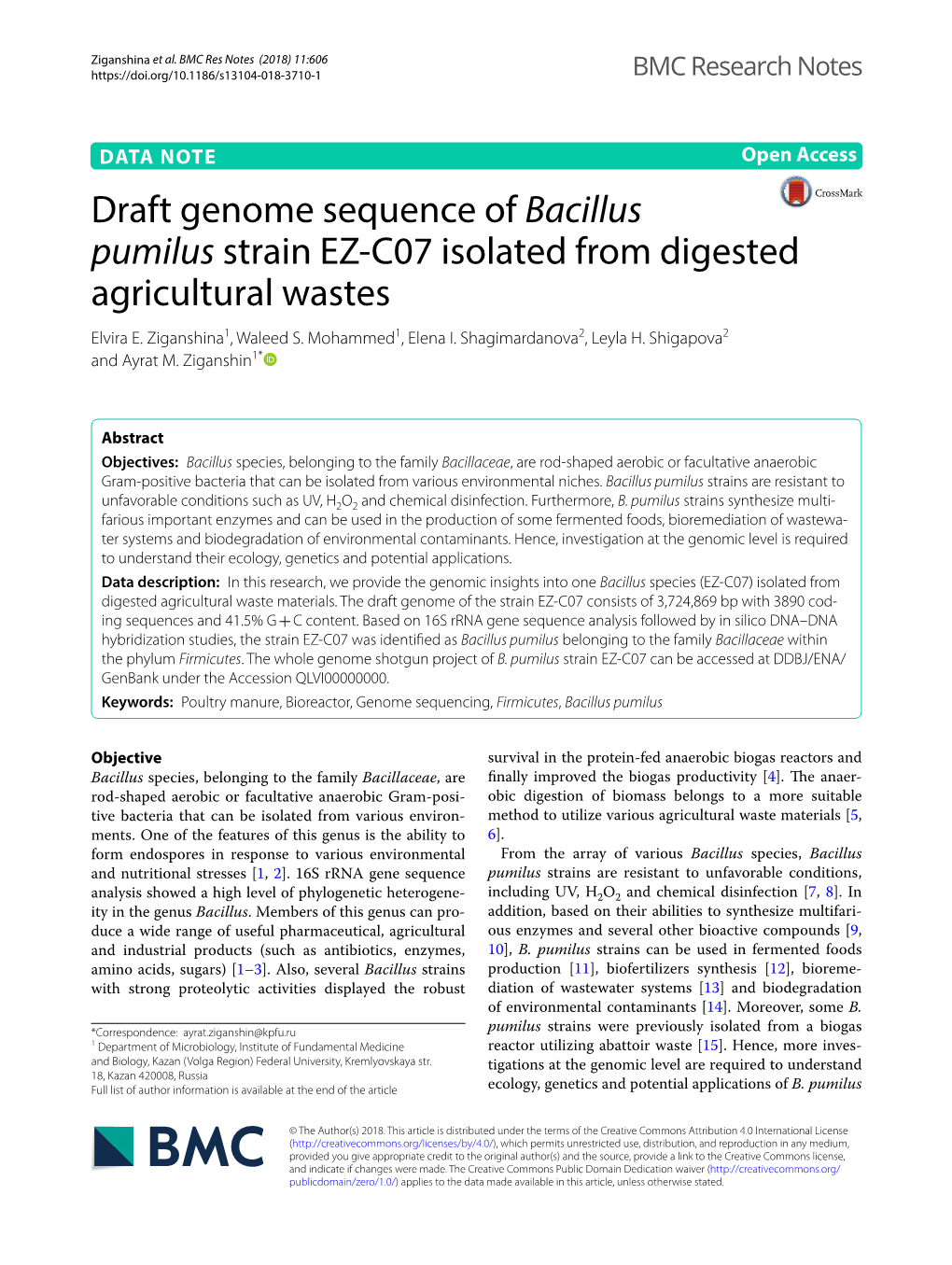 Draft Genome Sequence of Bacillus Pumilus Strain EZ-C07 Isolated From