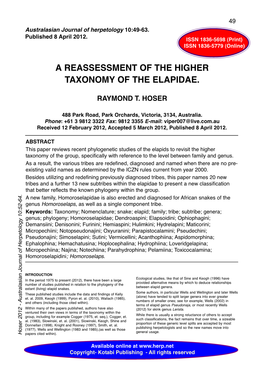 A Reassessment of the Higher Taxonomy of the Elapidae