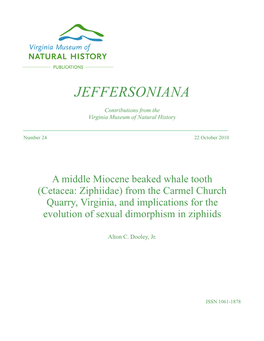 A Middle Miocene Beaked Whale Tooth (Cetacea: Ziphiidae) from the Carmel Church Quarry, Virginia, and Implications for the Evolution of Sexual Dimorphism in Ziphiids