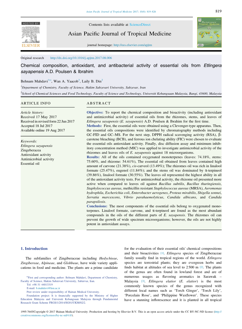 Chemical Composition, Antioxidant, and Antibacterial Activity of Essential Oils from Etlingera Sayapensis A.D