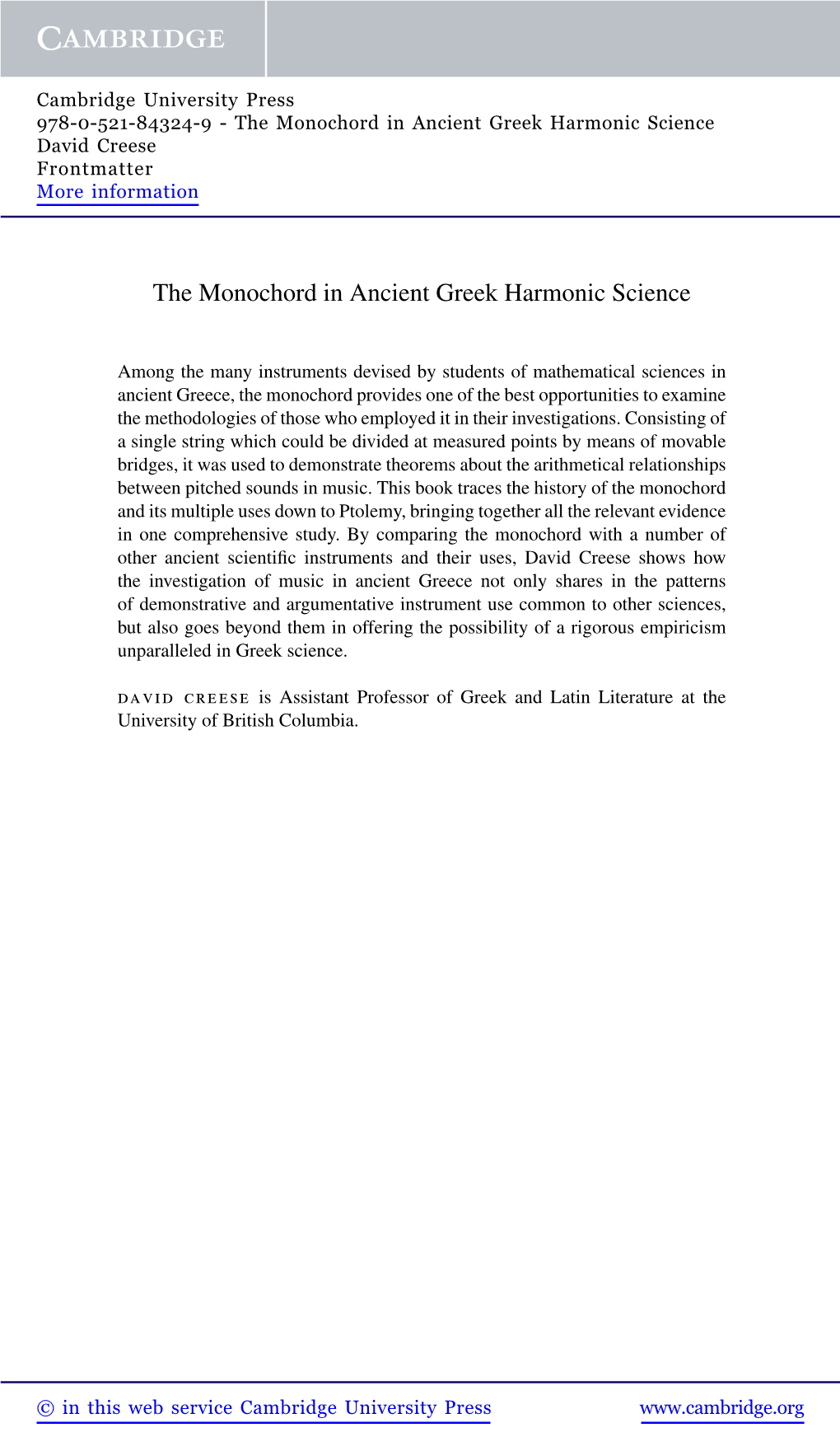 The Monochord in Ancient Greek Harmonic Science David Creese Frontmatter More Information