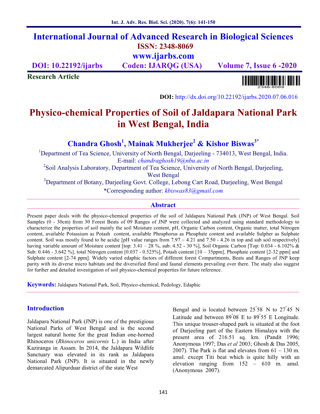 Physico-Chemical Properties of Soil of Jaldapara National Park in West Bengal, India