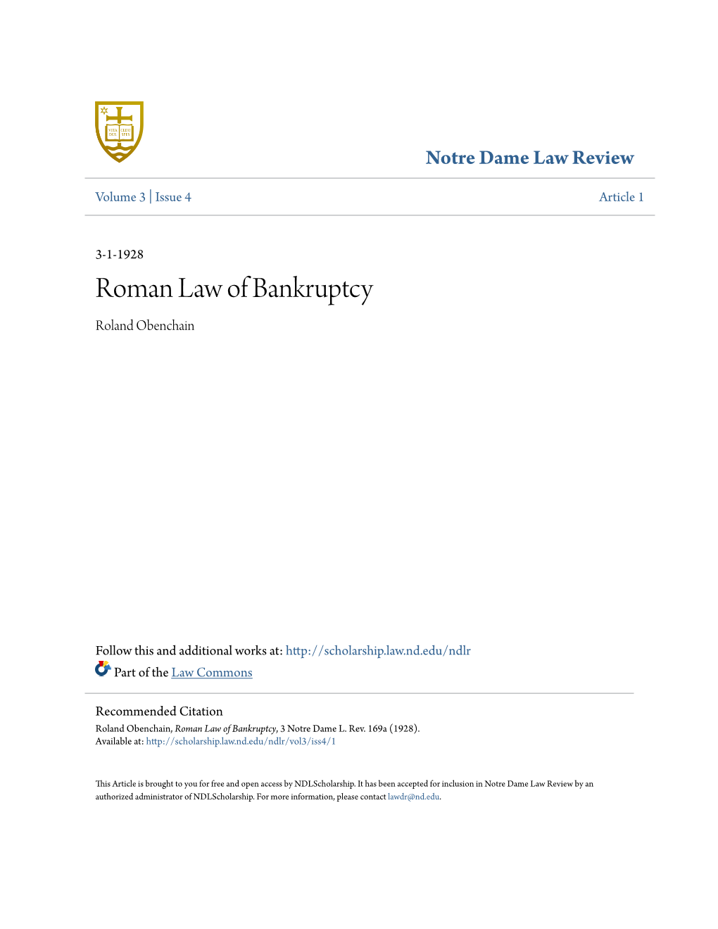 Roman Law of Bankruptcy Roland Obenchain