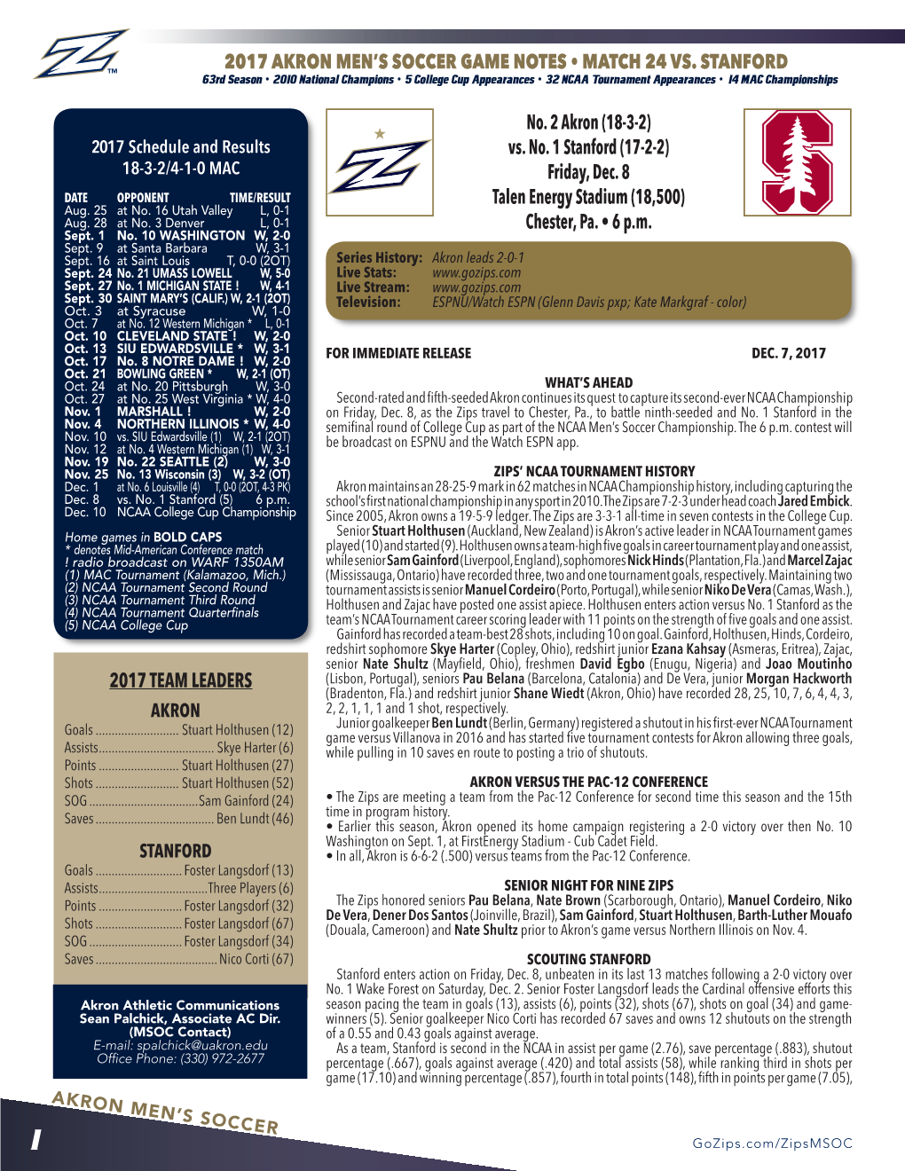 2017 Akron Men's Soccer Game Notes • Match 24 Vs