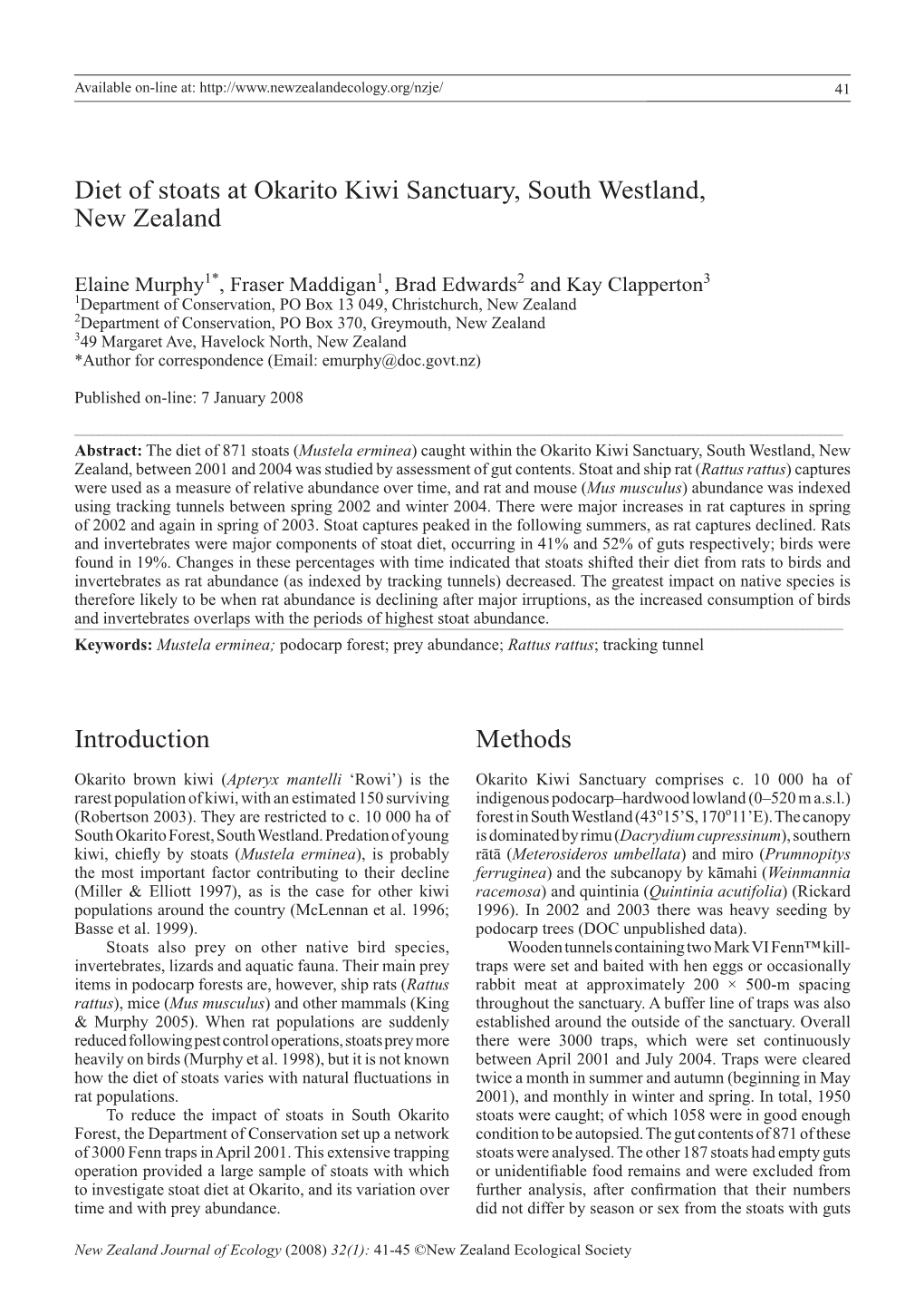 Diet of Stoats at Okarito Kiwi Sanctuary, South Westland, New Zealand Introduction Methods