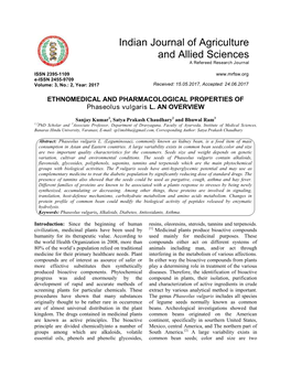ETHNOMEDICAL and PHARMACOLOGICAL PROPERTIES of Phaseolus Vulgaris L