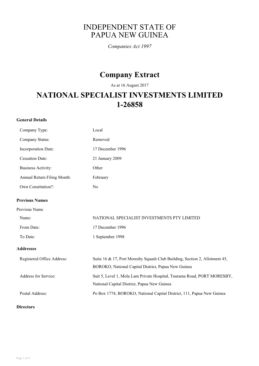 INDEPENDENT STATE of PAPUA NEW GUINEA Companies Act 1997