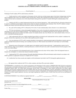 Washington Youth Academy Certificate of Understanding and Release of Liability