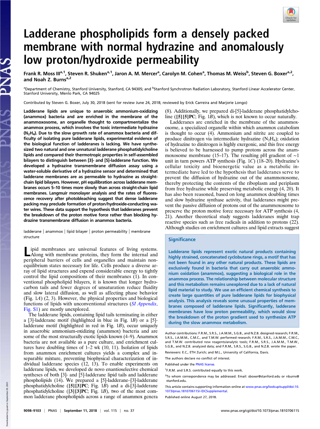 Ladderane Phospholipids Form a Densely Packed Membrane with Normal Hydrazine and Anomalously Low Proton/Hydroxide Permeability