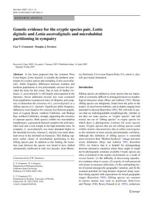 Genetic Evidence for the Cryptic Species Pair, Lottia Digitalis and Lottia Austrodigitalis and Microhabitat Partitioning in Sympatry