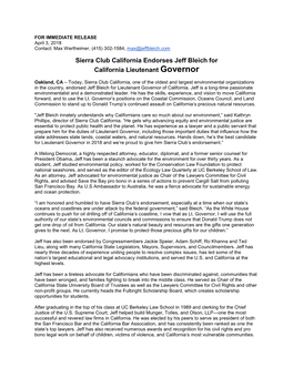 Sierra Club California Endorses Jeff Bleich for California Lieutenant Governor