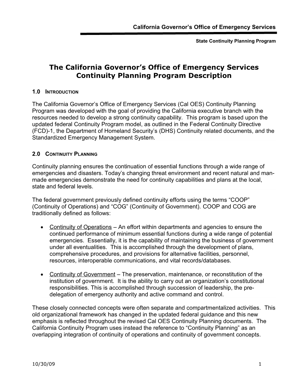 Continuity Planning Program Description 2009