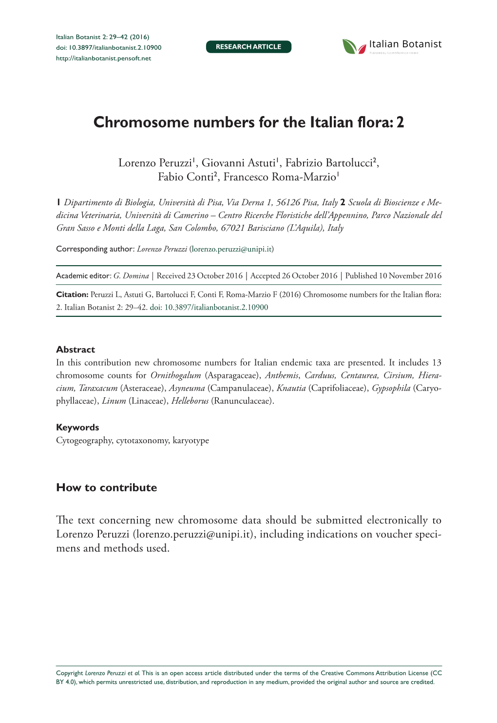 ﻿Chromosome Numbers for the Italian Flora: 2