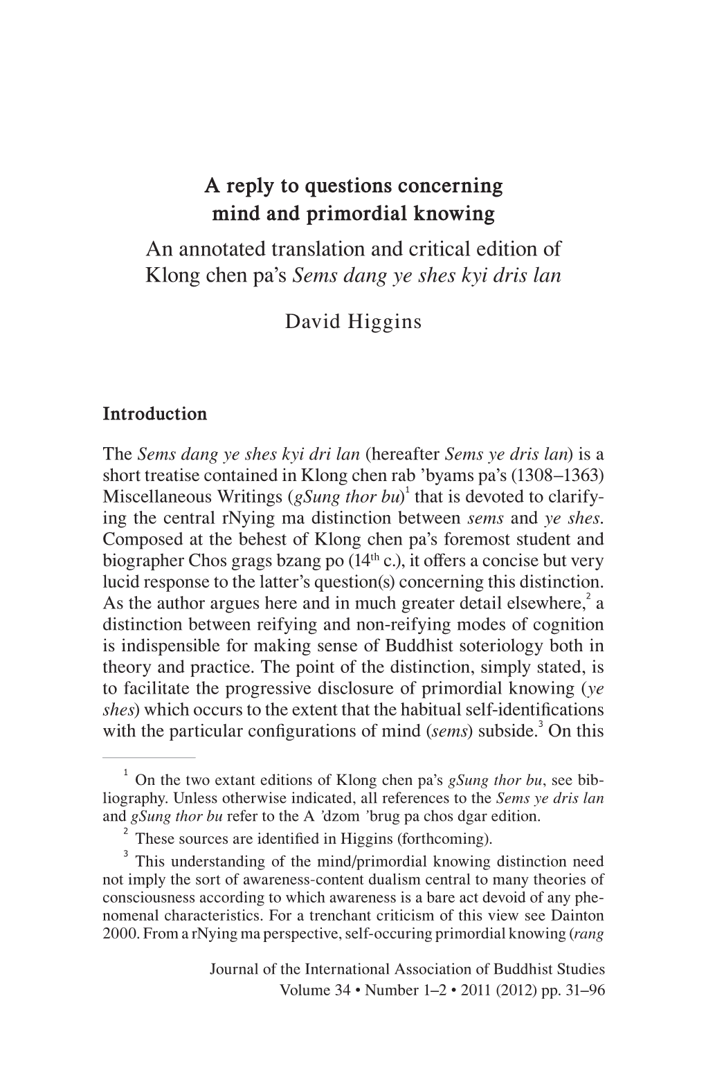 A Reply to Questions Concerning Mind and Primordial Knowing an Annotated Translation and Critical Edition of Klong Chen Pa's S