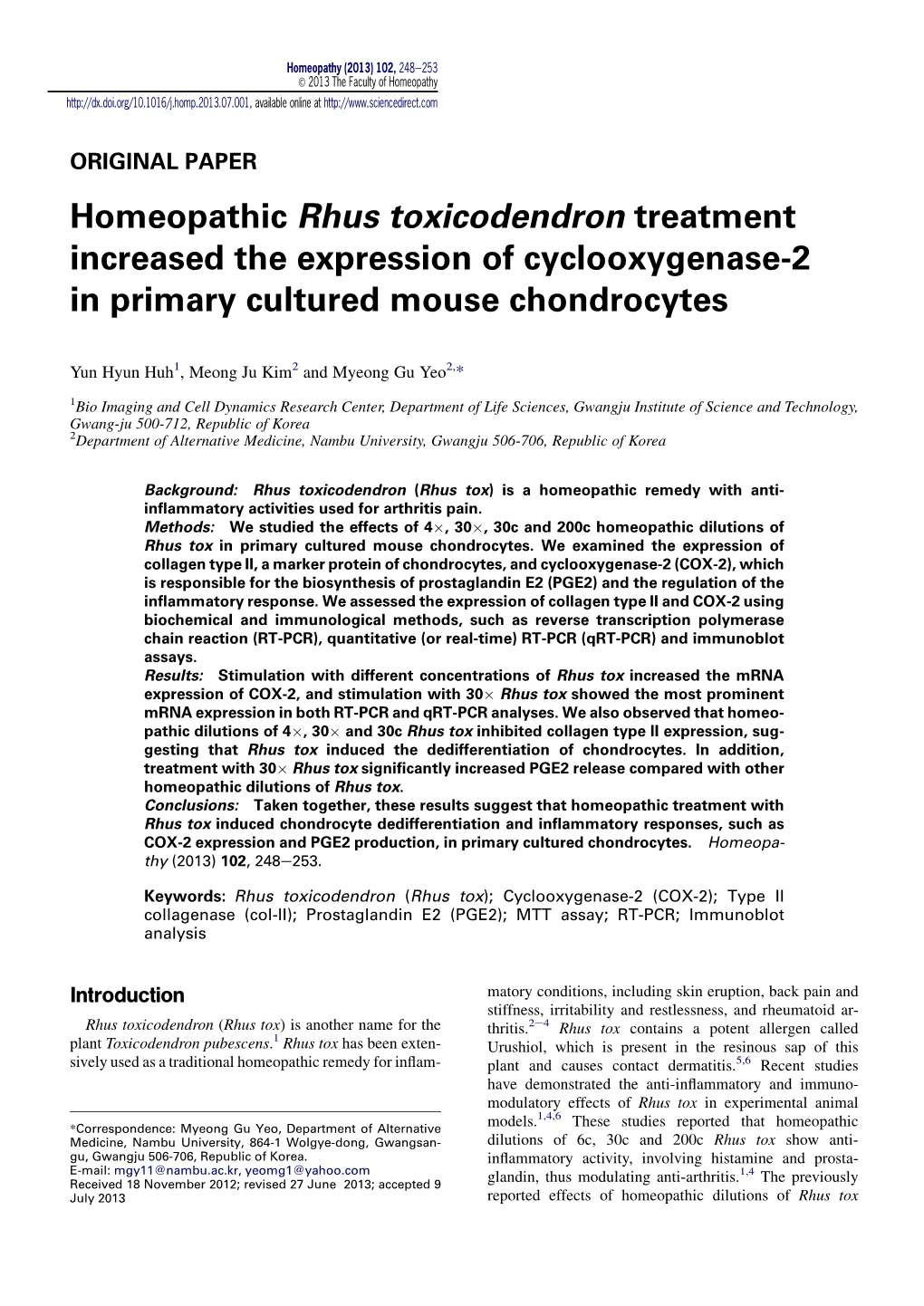 Homeopathic Rhus Toxicodendron Treatment Increased the Expression of Cyclooxygenase-2 in Primary Cultured Mouse Chondrocytes