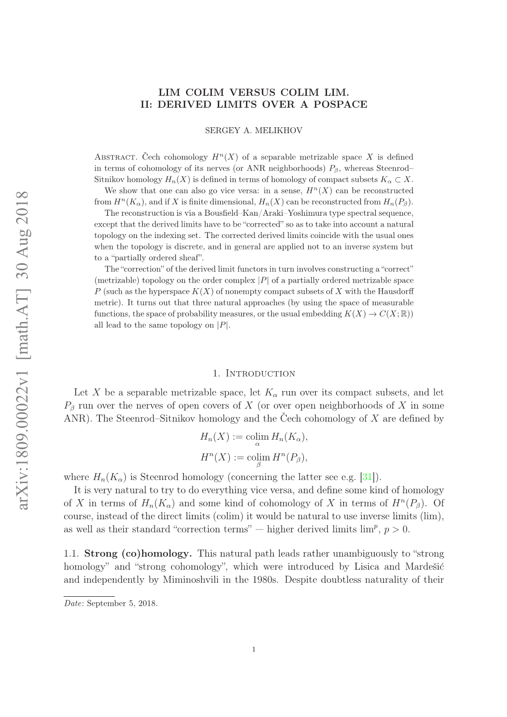 Arxiv:1809.00022V1 [Math.AT]