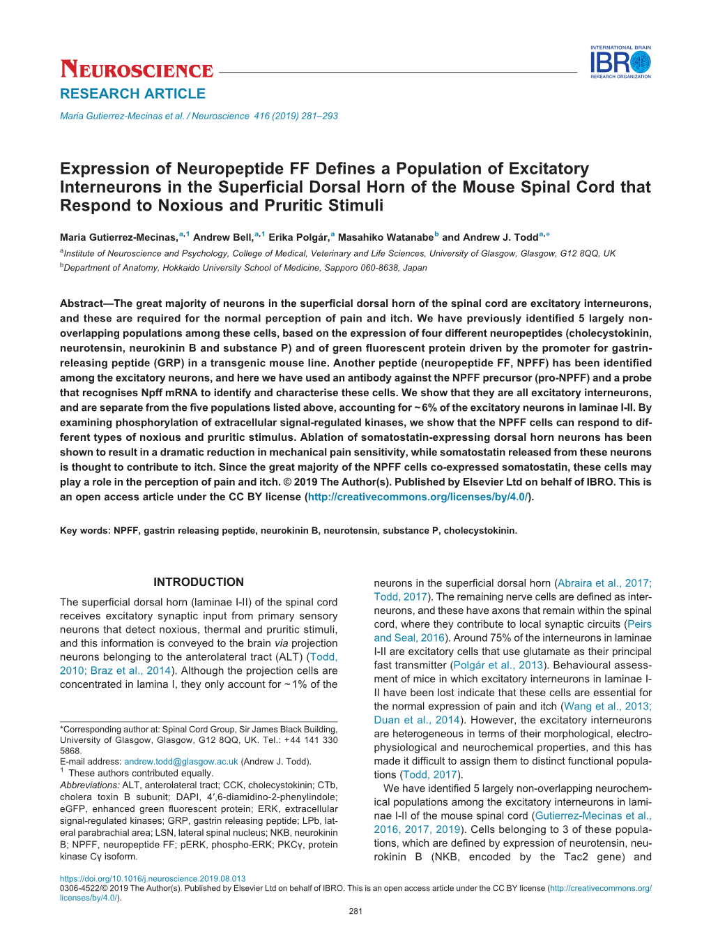 Expression of Neuropeptide FF Defines a Population Of