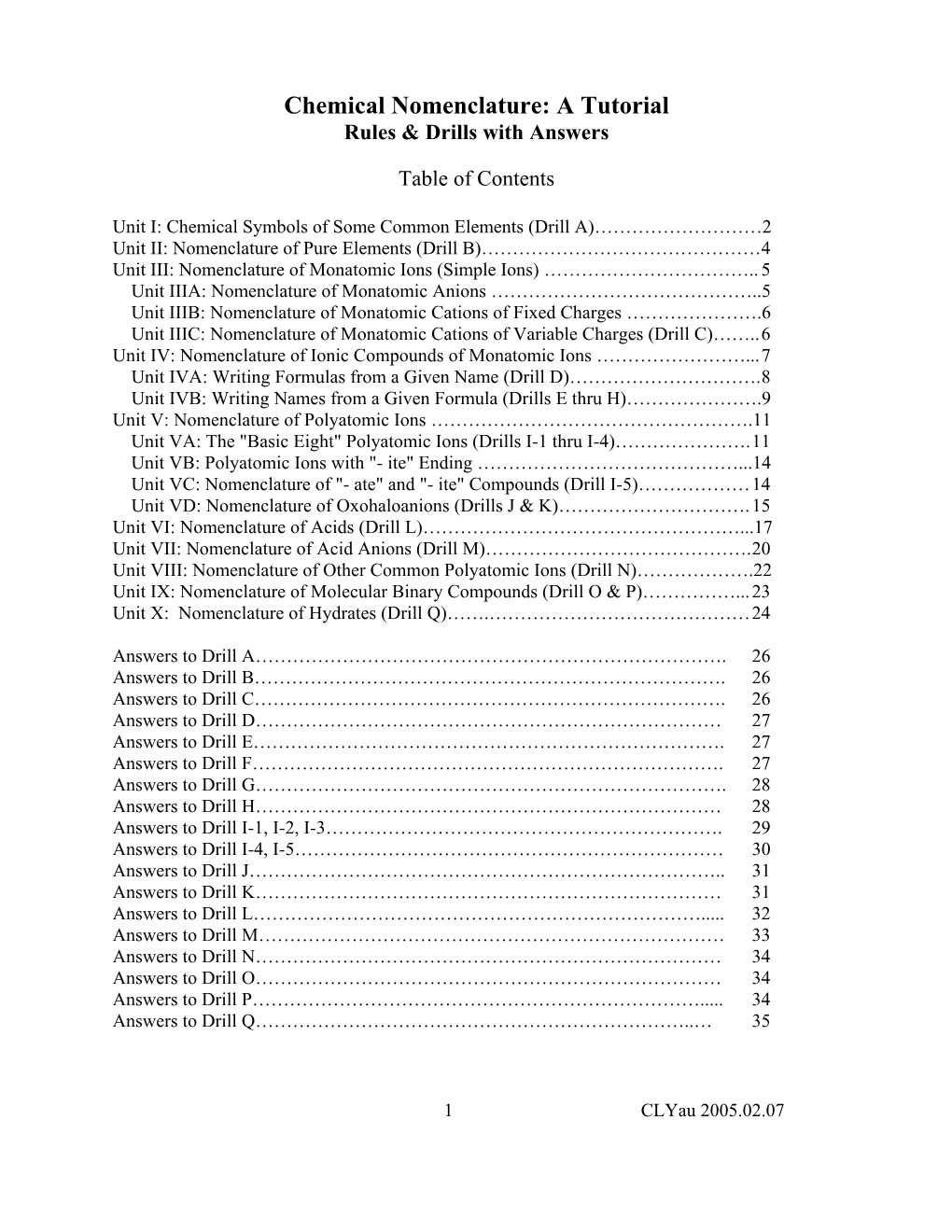 Chemical Nomenclature: a Tutorial Rules & Drills with Answers