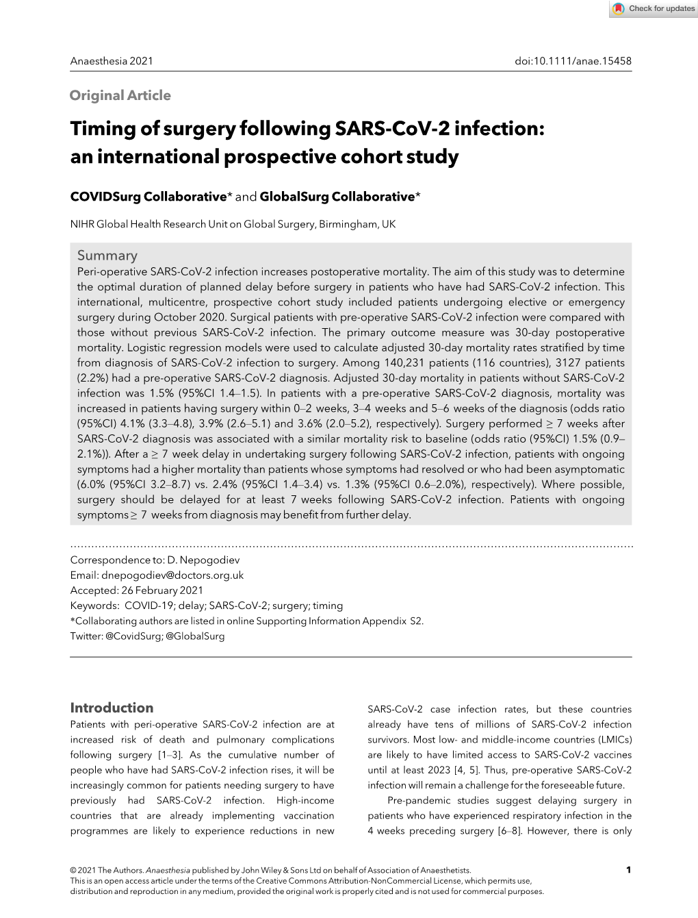 Timing of Surgery Following SARS‐Cov‐2 Infection