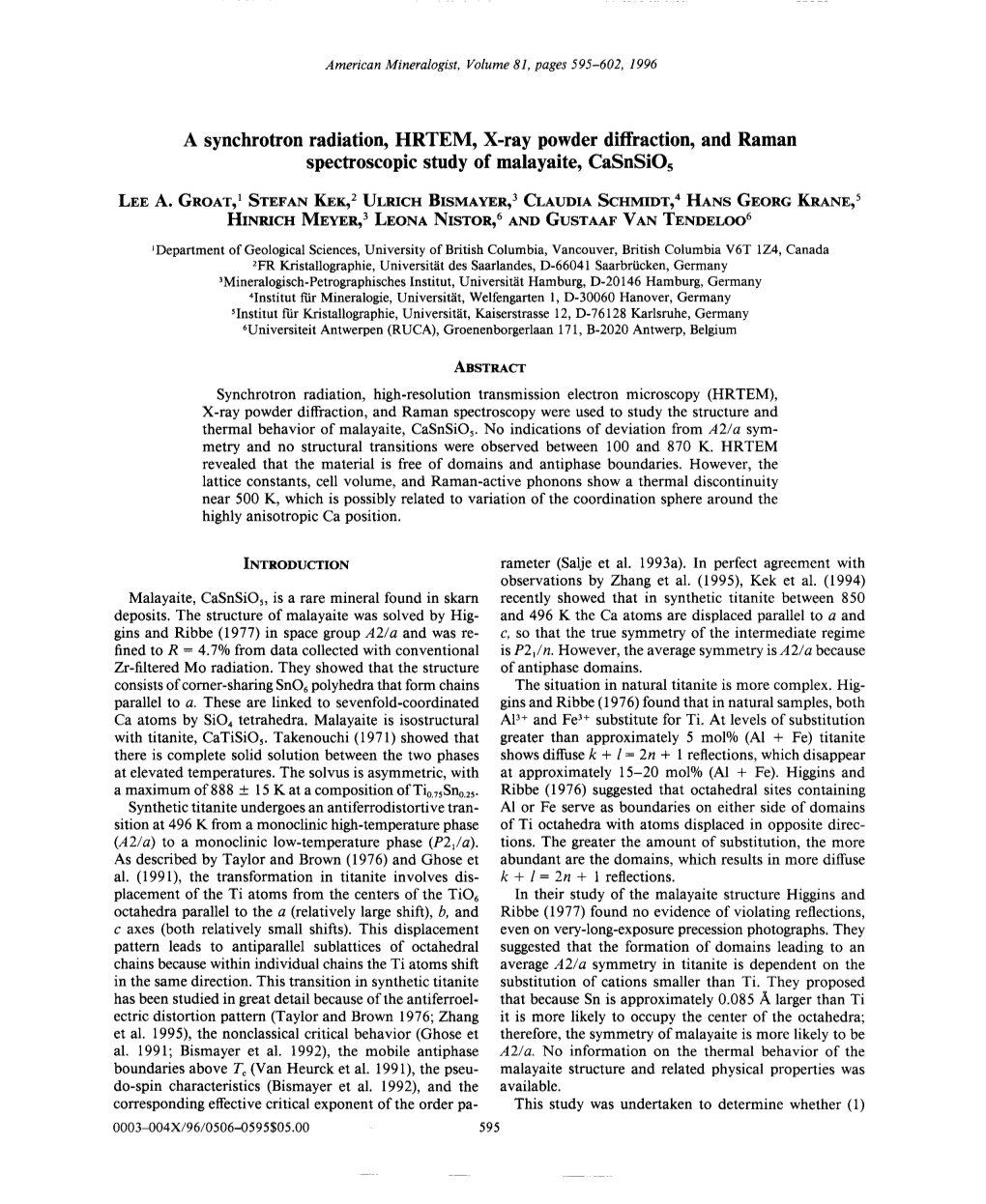 A Synchrotron Radiation, HRTEM, X-Ray Powder Diffraction, and Raman Spectroscopic Study of Malayaite, Casnsios